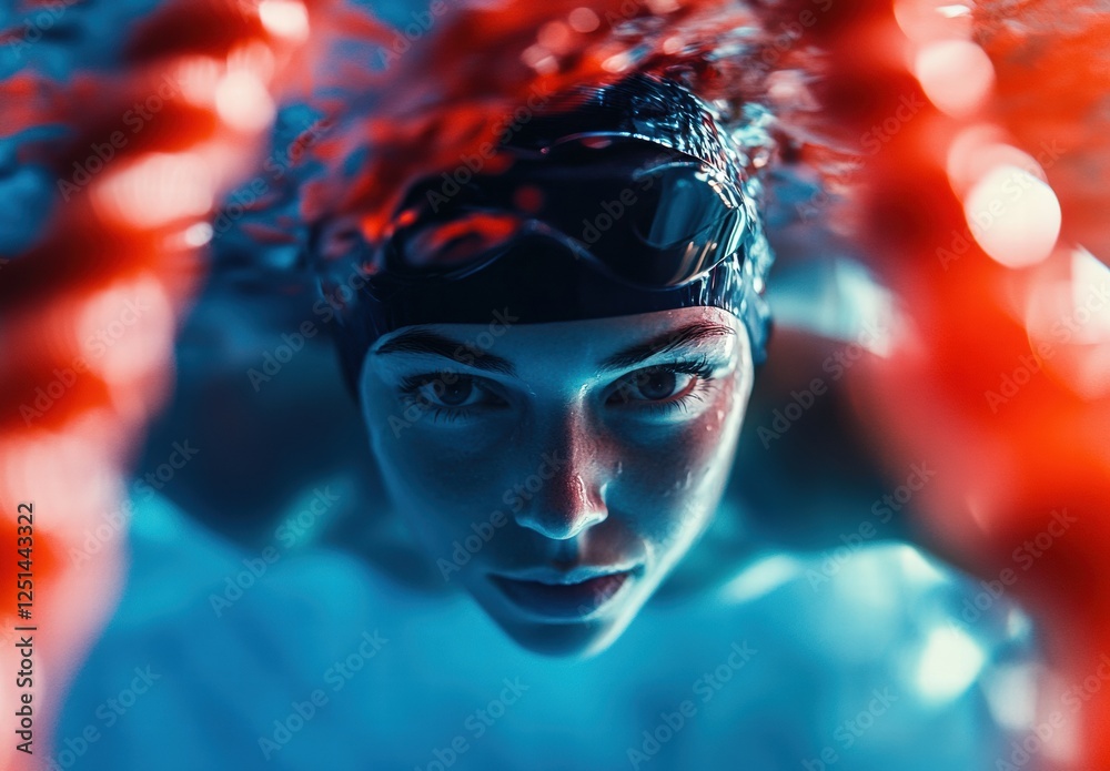 A woman is swimming in a pool with a red rope around her head A woman is swimming in a pool with a red rope around her head