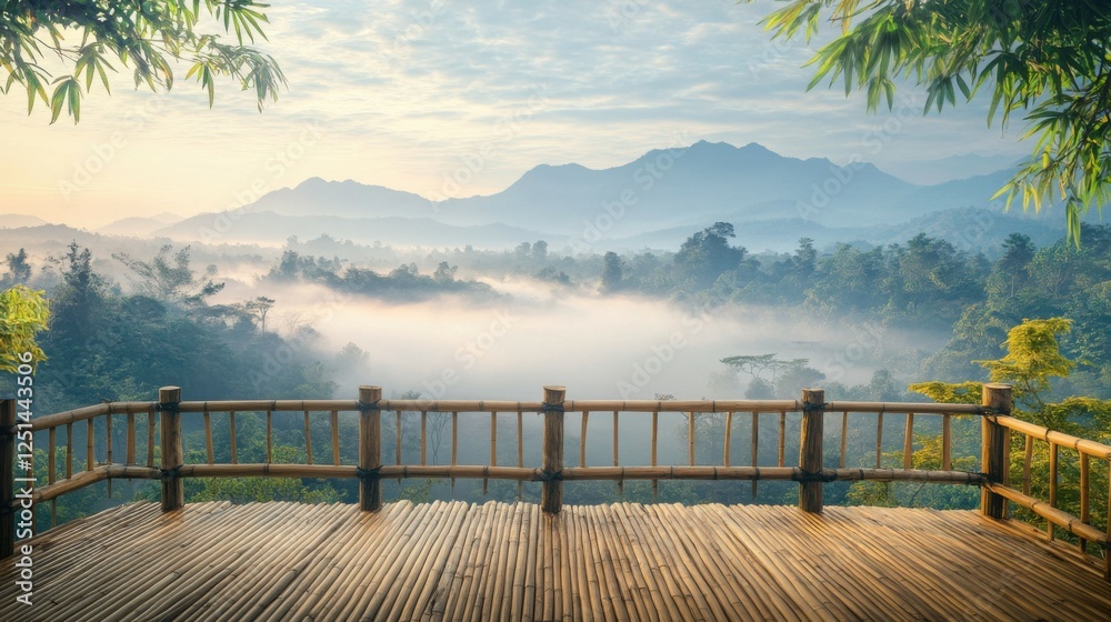 Naklejka premium A beautiful morning fog scenery in the bamboo balcony with mountain background. Start new day with the nice view. Fresh Days.