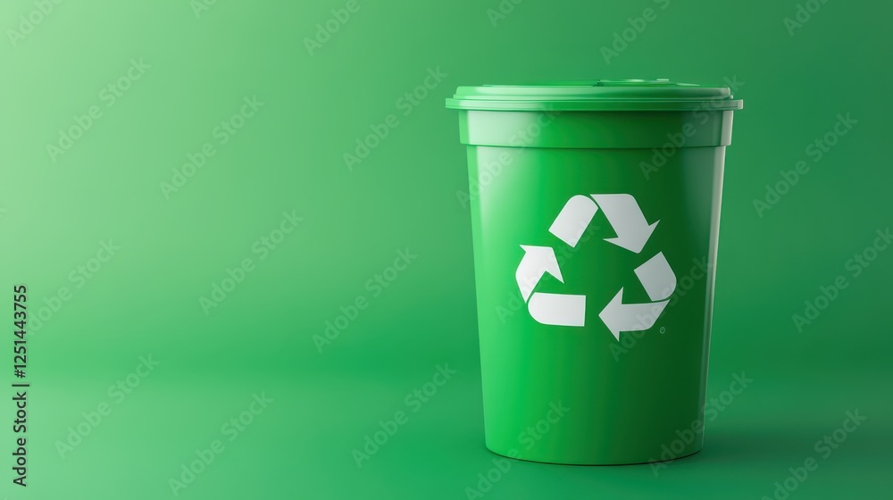 A bright green recycling bin with a visible recycling symbol is placed against a matching green backdrop, emphasizing the importance of environmental sustainability and waste reduction A bright green recycling bin with a visible recycling symbol is placed against a matching green backdrop, emphasizing the importance of environmental sustainability and waste reduction