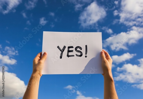 A person is holding a piece of paper with the word YES written on it