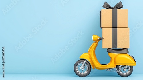 Yellow scooter carrying gift boxes on light blue background photo