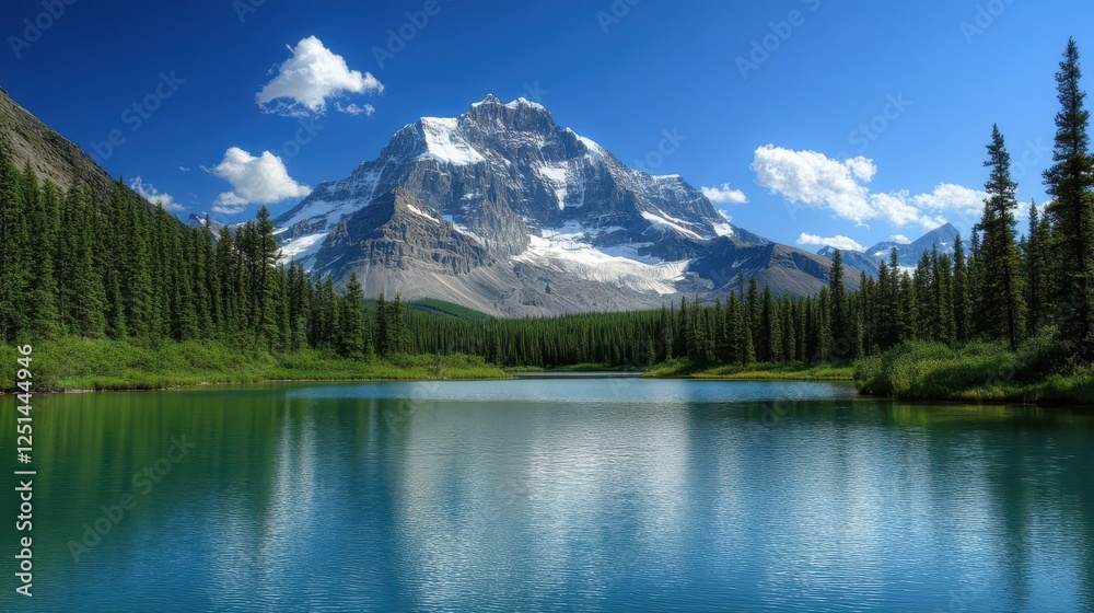 A stunning mountain rises majestically in the background, reflecting off a serene lake surrounded by tall evergreen trees, under a clear blue sky dotted with fluffy clouds A stunning mountain rises majestically in the background, reflecting off a serene lake surrounded by tall evergreen trees, under a clear blue sky dotted with fluffy clouds