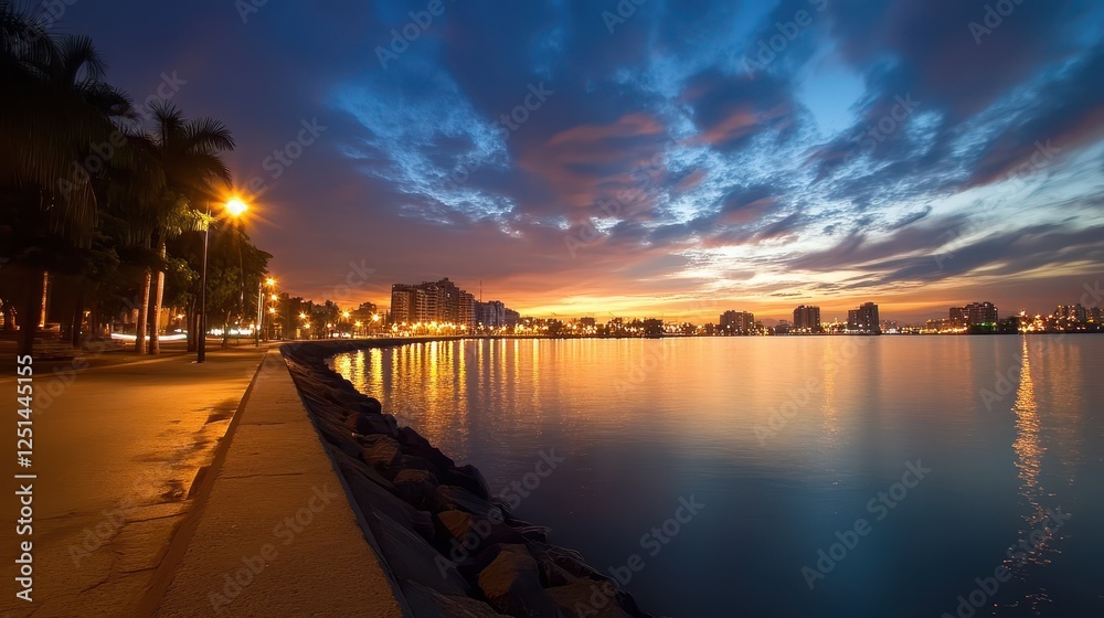 A vibrant sunset casts stunning colors across the calm waters of a bay, while palm trees and a city skyline create a picturesque backdrop along the waterfront promenade A vibrant sunset casts stunning colors across the calm waters of a bay, while palm trees and a city skyline create a picturesque backdrop along the waterfront promenade