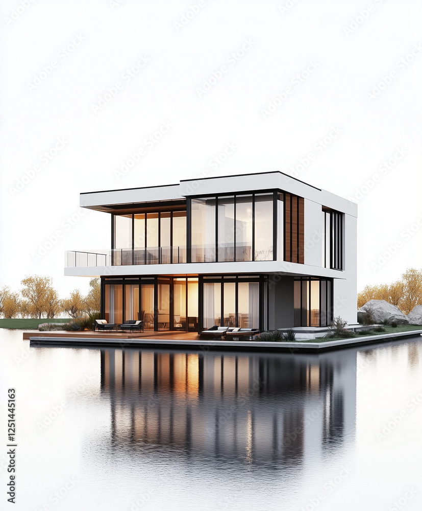 Waterfront homes, including houses on the river and lake, reflect the blue sky in their glass windows Waterfront homes, including houses on the river and lake, reflect the blue sky in their glass windows