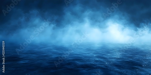 A serene view of a calm sea at dusk, featuring rich blue hues and a misty atmosphere that evokes peace and tranquility.