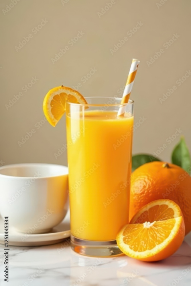 Fresh orange juice in glass with straw, beside white cup, yellow, glass, still life Fresh orange juice in glass with straw, beside white cup, yellow, glass, still life