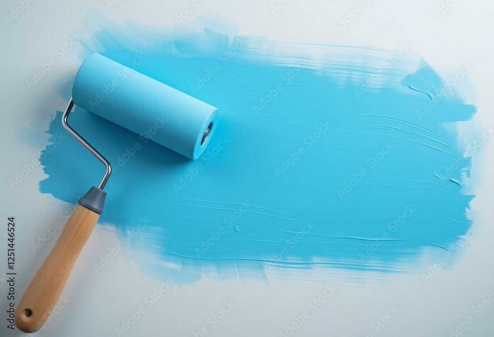 Blue paint roller in action with a light blue foam roller head on a partially painted surface showcasing painting techniques and DIY home improvement projects Blue paint roller in action with a light blue foam roller head on a partially painted surface showcasing painting techniques and DIY home improvement projects