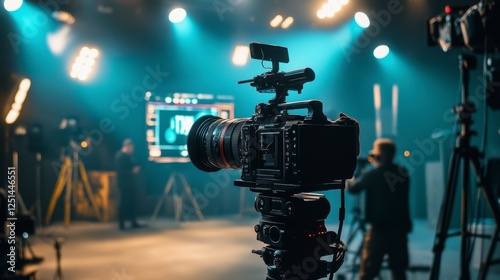 Film and television studio with cameras and equipment on stage under a spotlight