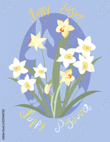 Easter greeting card with Easter bunnies and Easter eggs