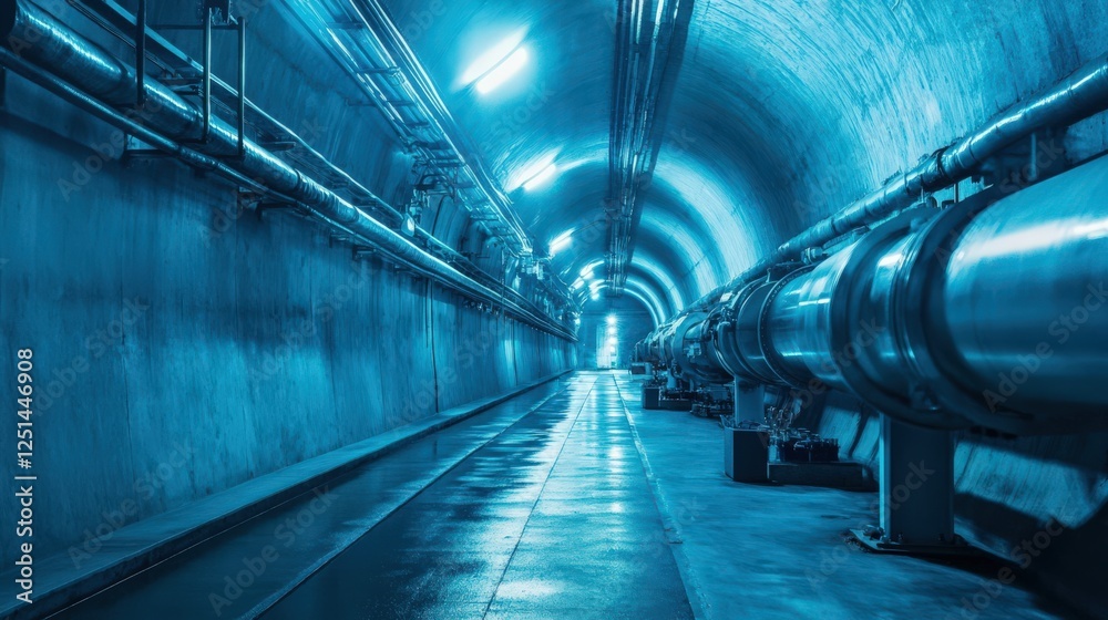 Fototapeta premium A long tunnel with pipes and a blue light