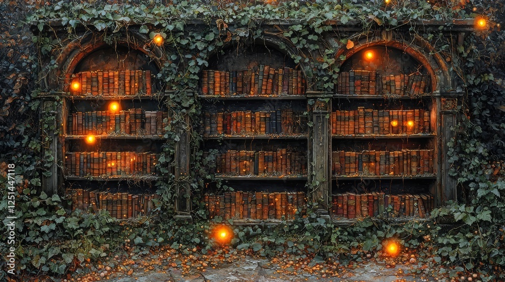 Obraz premium Enchanting Old Bookshelf Overgrown with Ivy Magical Forest Photography Mystical Close-up Nature's Beauty
