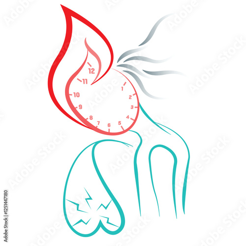Abstract illustration symbolizing burnout and mental health. Features a clock as time pressure, a flame for emotional exhaustion, and a cracked heart representing emotional fragility and distress.
