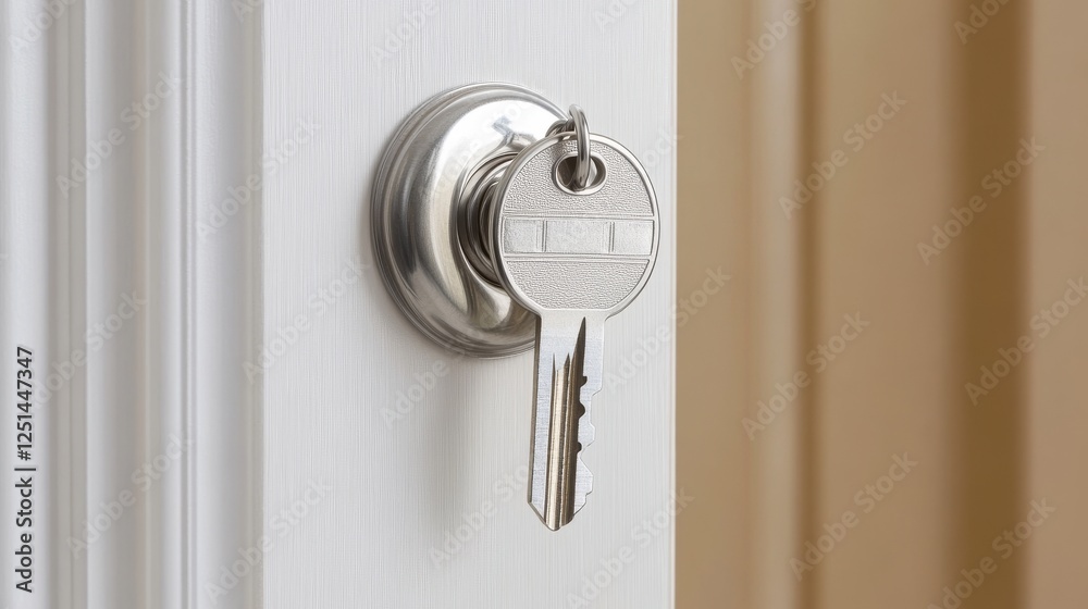 A house key with a key ring inserted at the door lock. Buy new home concept. A house key with a key ring inserted at the door lock. Buy new home concept.