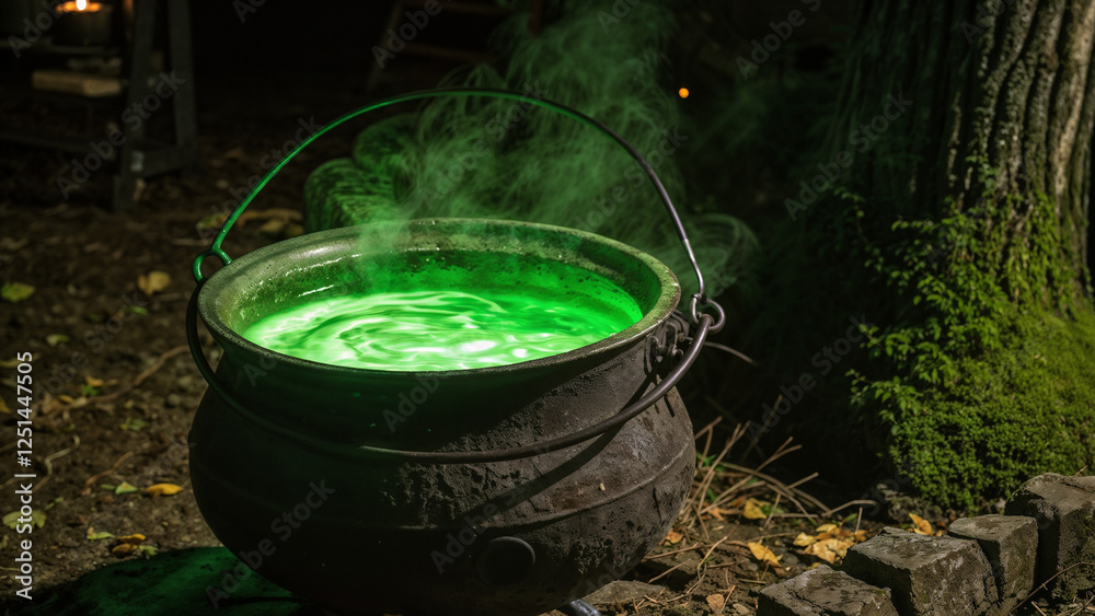 Mystical cauldron bubbling with green potion in a dark forest setting Mystical cauldron bubbling with green potion in a dark forest setting