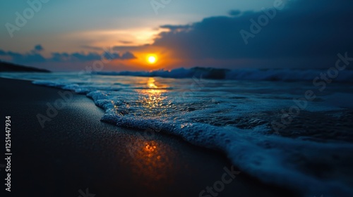 The ocean is calm and the sun is setting, creating a beautiful