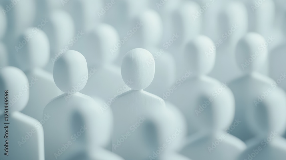 A multitude of white wooden figures are arranged closely, emphasizing the theme of crowd versus individuality. The background is softly blurred to enhance focus on the central figure A multitude of white wooden figures are arranged closely, emphasizing the theme of crowd versus individuality. The background is softly blurred to enhance focus on the central figure