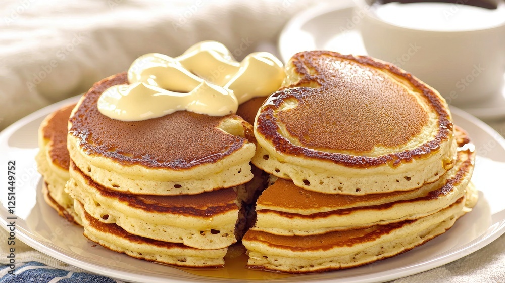 Fluffy pancakes stacked high, topped with creamy butter, served on a plate, accompanied by a cup of syrup for a delicious breakfast treat. Fluffy pancakes stacked high, topped with creamy butter, served on a plate, accompanied by a cup of syrup for a delicious breakfast treat.