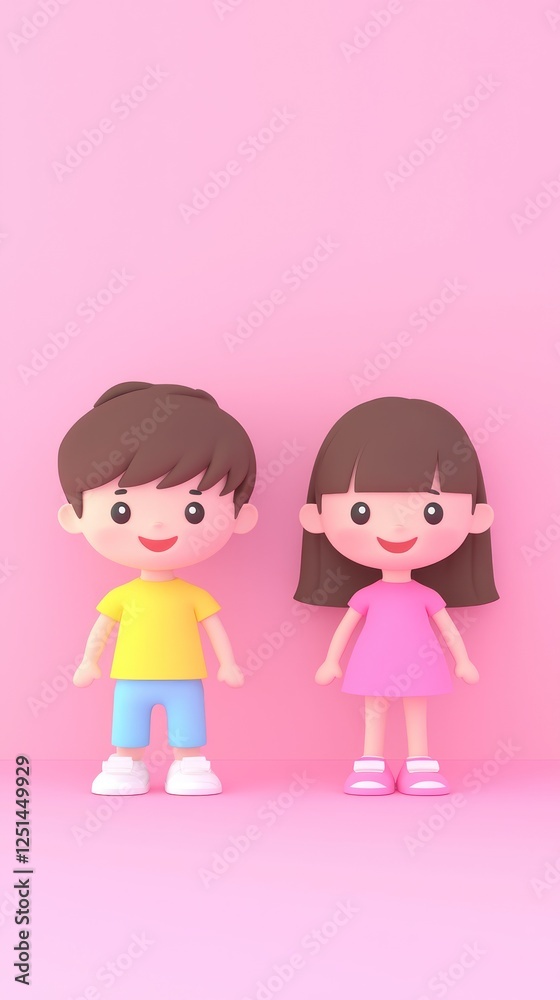 Cute cartoon kids, standing, pink background, 3D render, possible use in children's book illustrations Cute cartoon kids, standing, pink background, 3D render, possible use in children's book illustrations