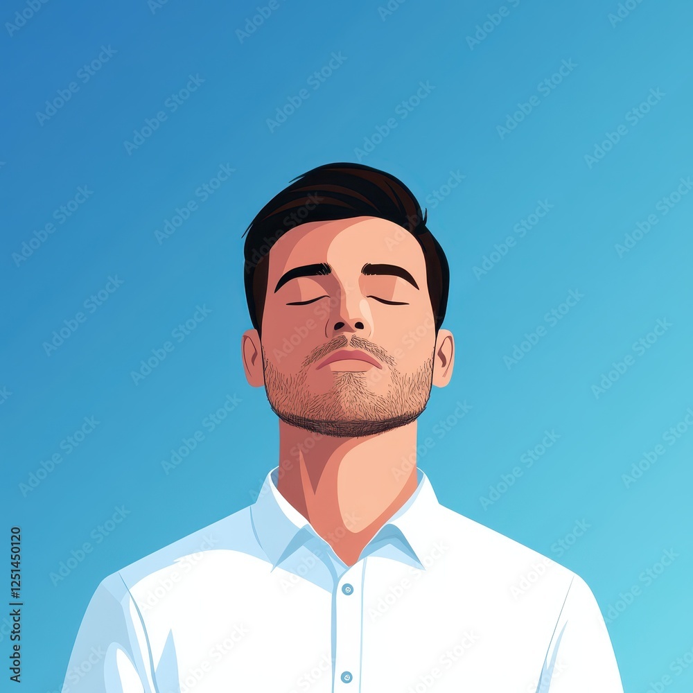 A man stands with a serene expression, eyes closed, facing the bright blue sky above. He is dressed in a white shirt, embodying tranquility amid a clear day A man stands with a serene expression, eyes closed, facing the bright blue sky above. He is dressed in a white shirt, embodying tranquility amid a clear day