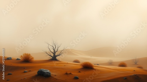 A lonely tree stands amidst the orange sand of the desert landscape under a yellow dawn sky at sunrise