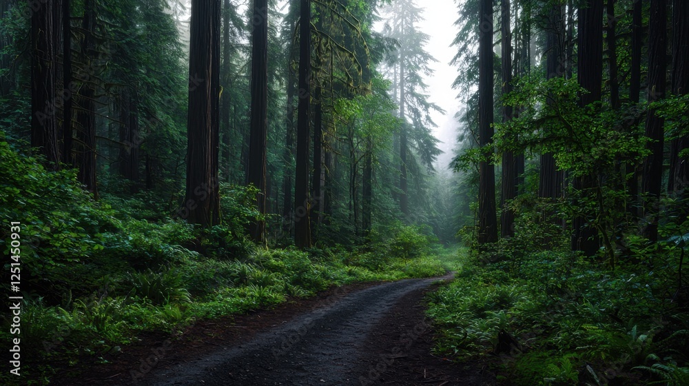 A forest path with trees and a foggy sky A forest path with trees and a foggy sky