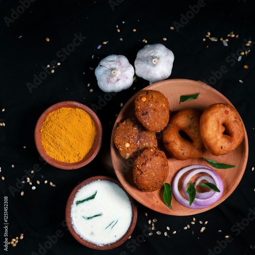 Medu Vada and dhal vada with coconut chutney, fried snack for festival in Tamil Nadu South Indian. Top view of Indian vegetarian veg breakfast food. India Sri Lankan food photo