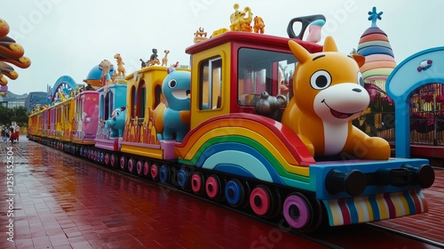 Cute train with animals vector illustration. Cartoon isolated funny happy animals ride toy railway locomotive and rainbow carriages with patterns, number signs, little characters learning counting.