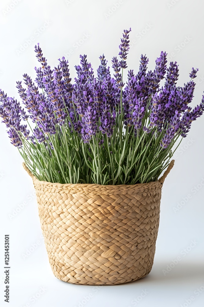 Naklejka premium Fresh Lavender Blooms in Woven Basket Aromatic Purple Flowers in Rustic Container Still Life