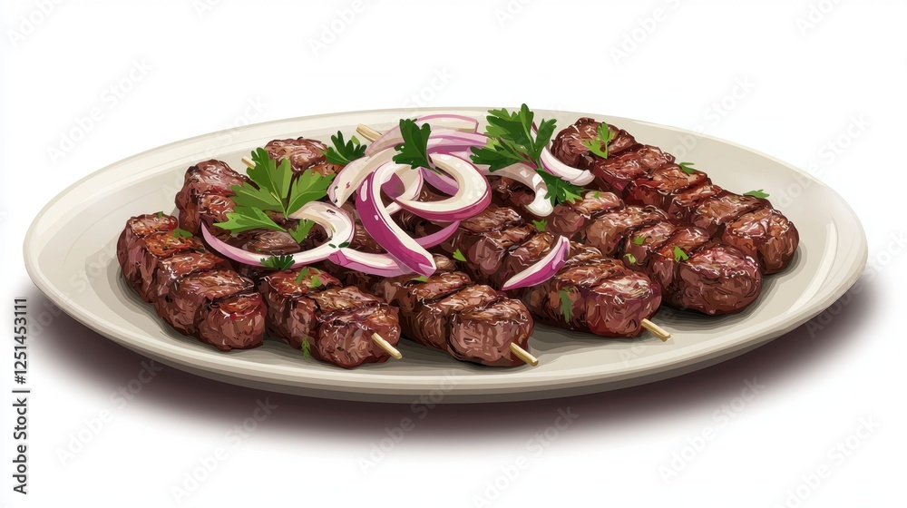 A plate of meat with onions and parsley on top A plate of meat with onions and parsley on top
