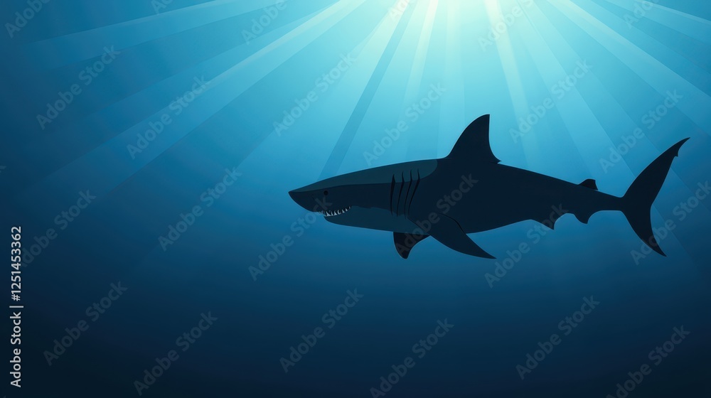 Obraz premium A large shark swims gracefully in the ocean depths, illuminated by sunlight filtering through the water's surface. The scene captures the serene beauty of marine life