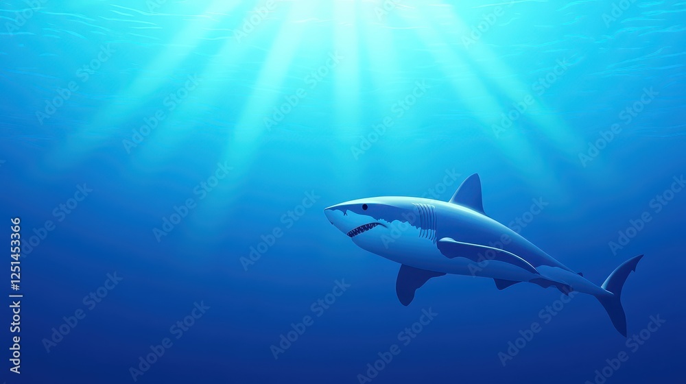 Fototapeta premium A powerful shark glides effortlessly through the serene depths of the ocean. Sunlight filters down, illuminating its sleek body against the vibrant blue backdrop