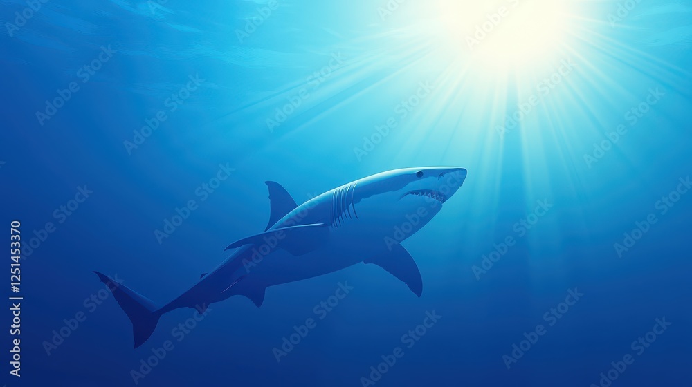 Fototapeta premium A great white shark glides through the tranquil ocean depths, rays of sunlight piercing the surface, creating a serene atmosphere around the powerful predator