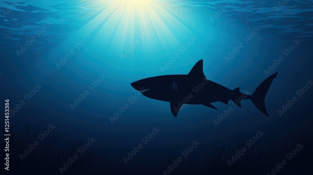 Obraz premium A large shark glides smoothly beneath the surface of the ocean, its silhouette contrasting against the bright sunlight filtering through the water above