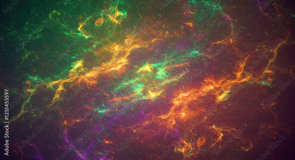 Obraz premium Cosmic Nebula: A vibrant abstract image depicting a swirling nebula with hues of orange, green, purple, and red, resembling a cosmic landscape. The image is rich in texture and detail.