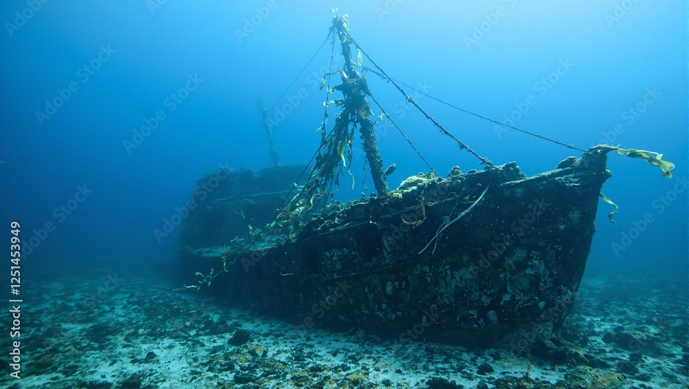 Obraz premium Explore the eerie beauty of a sunken ship adorned with seaweed and marine creatures in the deep ocean depths
