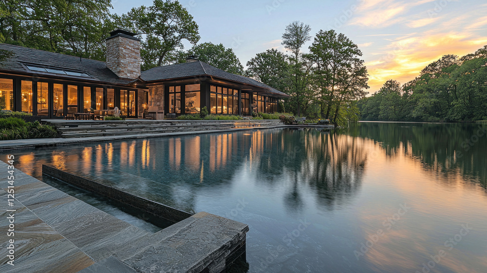 Fototapeta premium Lakeside house with pool at sunset