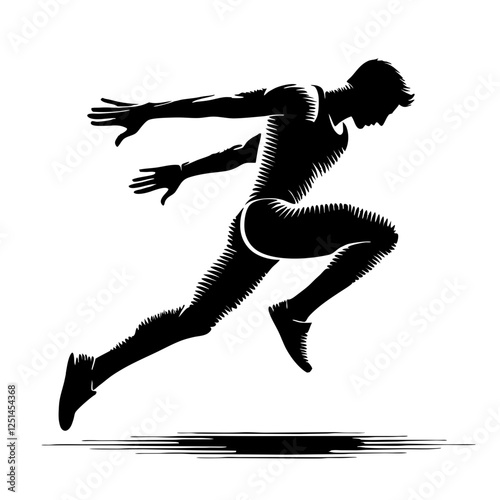 Long jumper taking off with speed and precision, energetic and dynamic, in a striking silhouette design