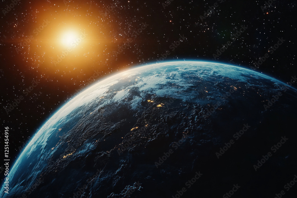 Obraz premium Earth from space: vast blue oceans, swirling white clouds, patches of green landmasses, with illuminated urban areas and thin white atmosphere layer.