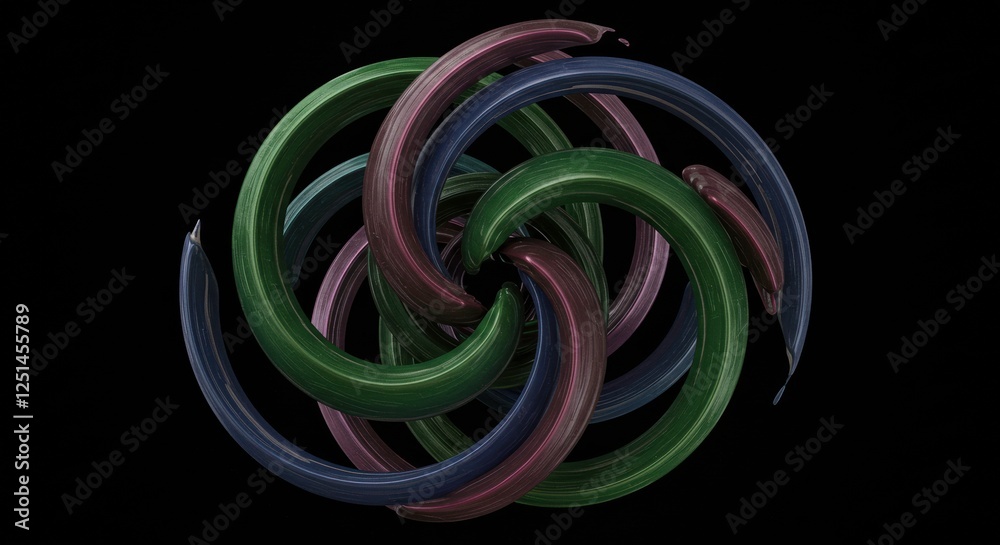 Intertwined Abstract: A hypnotic and captivating swirl of three dimensional, abstract, interlocking rings in green, burgundy, and blue hues against a stark black background. Intertwined Abstract: A hypnotic and captivating swirl of three dimensional, abstract, interlocking rings in green, burgundy, and blue hues against a stark black background.