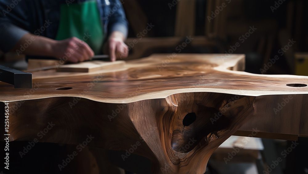 Man Crafting Furniture on Wooden Table in Warm Light Workshop – Surrounded by Tools and Wood Materials

