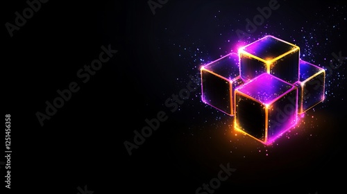 Glowing neon cubes in vibrant purple and orange hues against a dark background.  Abstract digital art.