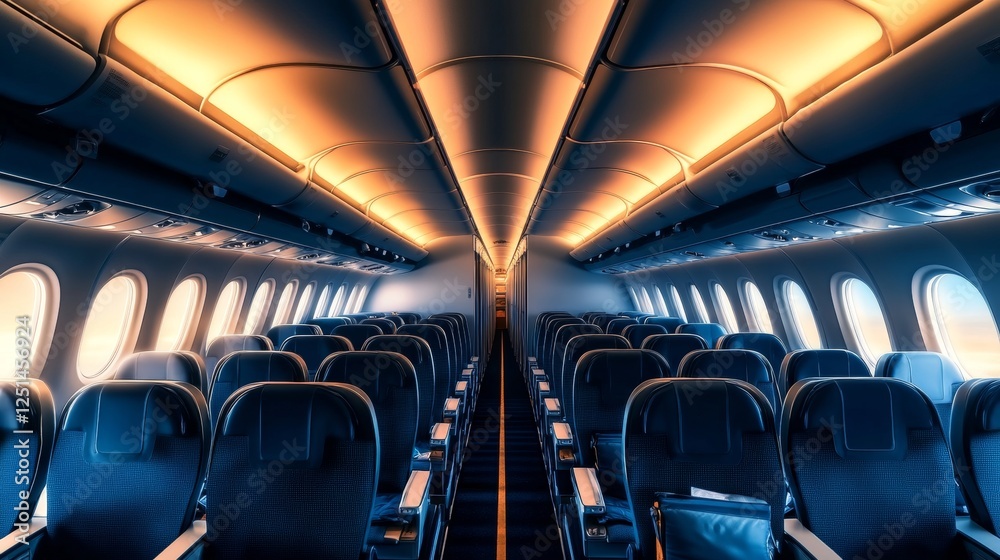 Fototapeta premium Empty Airplane Cabin With Comfortable Seats and Illuminated Aisle, Travel Themed Image