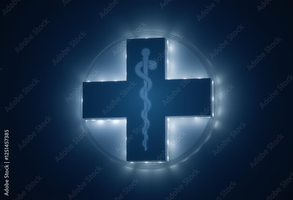 Fototapeta premium Illuminated Medical Cross Symbol with Caduceus on Blue Leather Background for Healthcare and Medical Themes