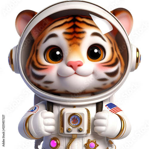 Cute and happy 3d tiger astronaut isolated on white background, digital art