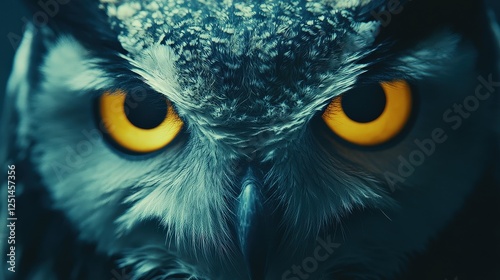 Close-up of a majestic owl with striking yellow eyes, showcasing intricate feather details