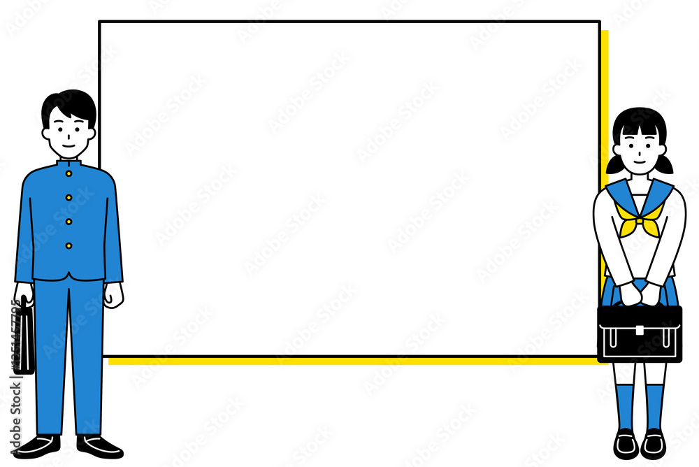 ホワイトボードの前でカバンを持って立つ男女の学生