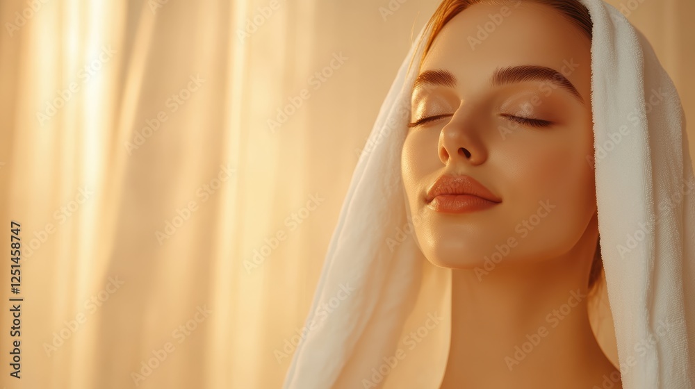 Fototapeta premium Serene woman relaxes with towel on head after spa treatment or home bath