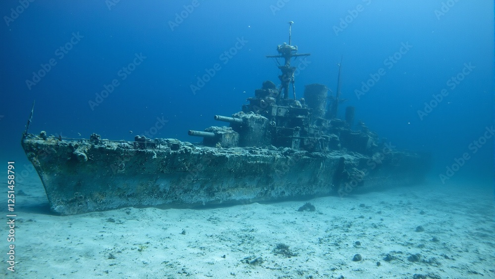 Fototapeta premium Discover a haunting scene of a sunken warship below the sea covered in vibrant coral reefs and surrounded by a plethora of underwater creatures