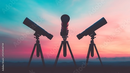 Three telescopes silhouetted against a vibrant sunset sky, showcasing a blend of colors, ideal for stargazing and astronomical observation. photo