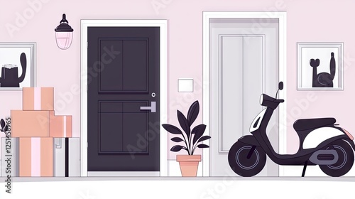 Home Exterior with Scooter and Boxes; Delivery or Move; Modern Design photo